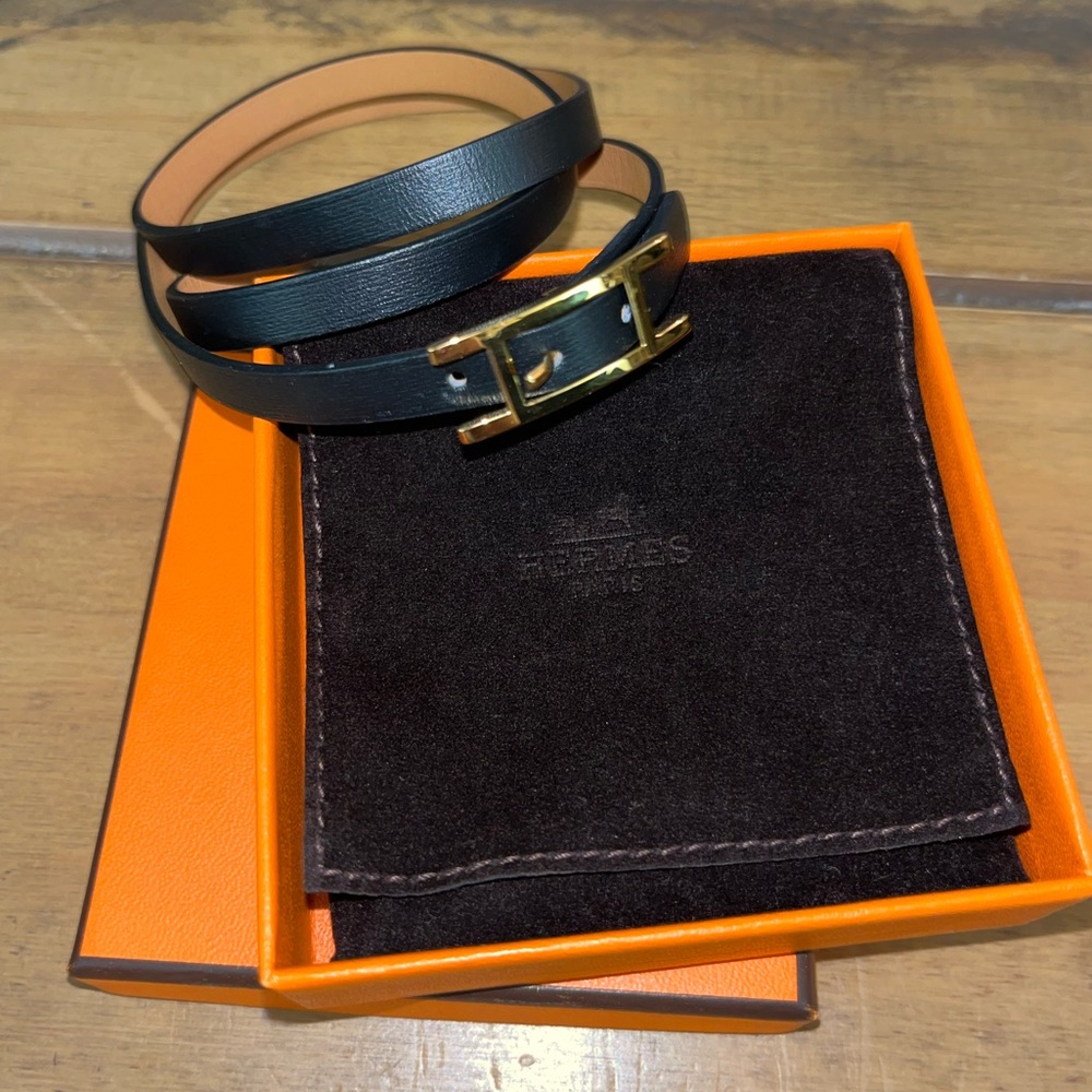 🧡HERMES Behapi Double Tour black leather belt bracelt with gold hardware - Picture 2 of 12